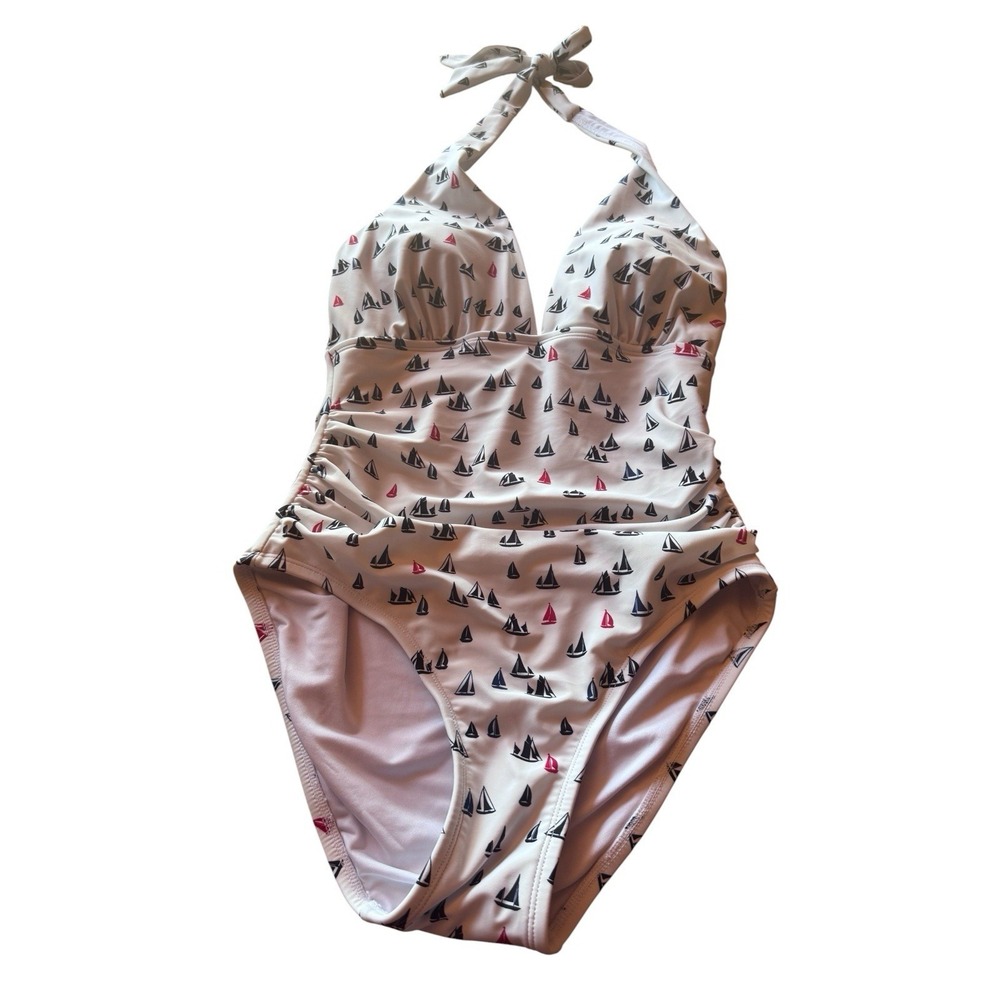 Tommy Hilfiger 1-Piece White Woman's Sz 8 Halter Tie Swimsuit Blue Red Sailboats